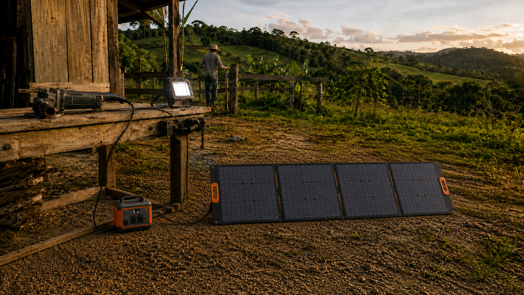 Estação portátil e painel solar atuais em uma aplicação de campo